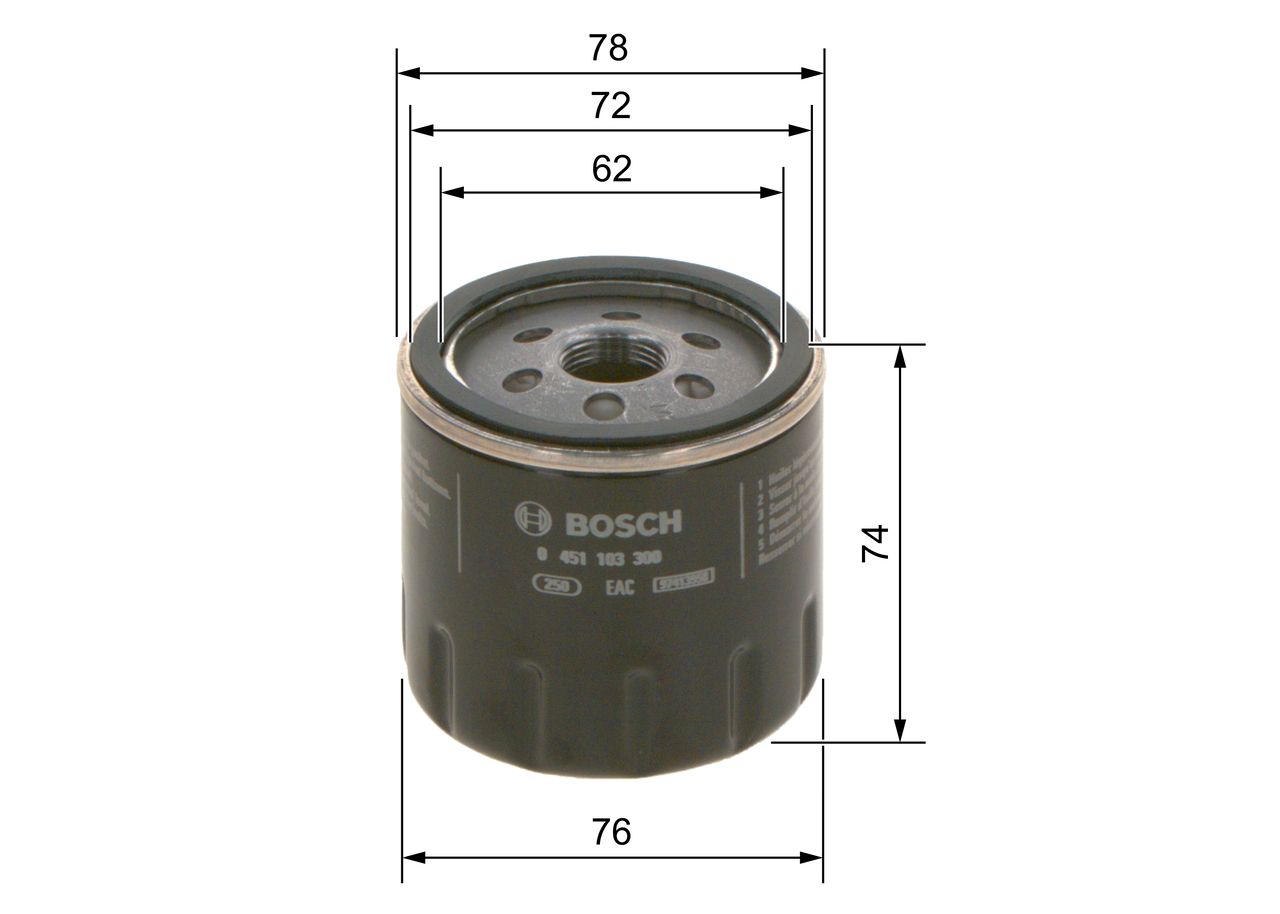 Misure tecniche filtro Bosch 0451103300 altezza 74mm diametro 76mm.