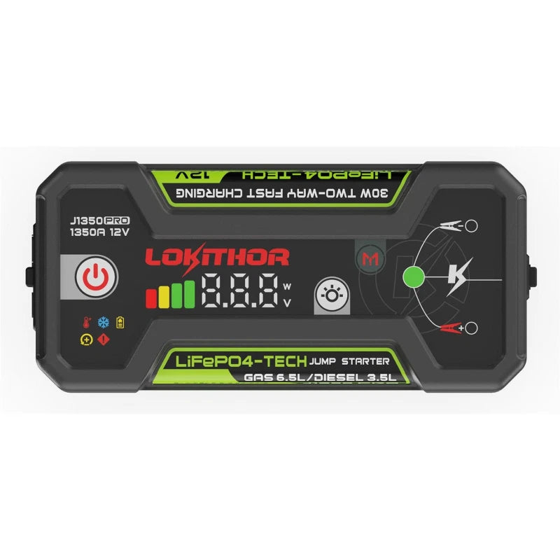 Immagine frontale dell'avviamento batteria booster con led e tasto di accensione