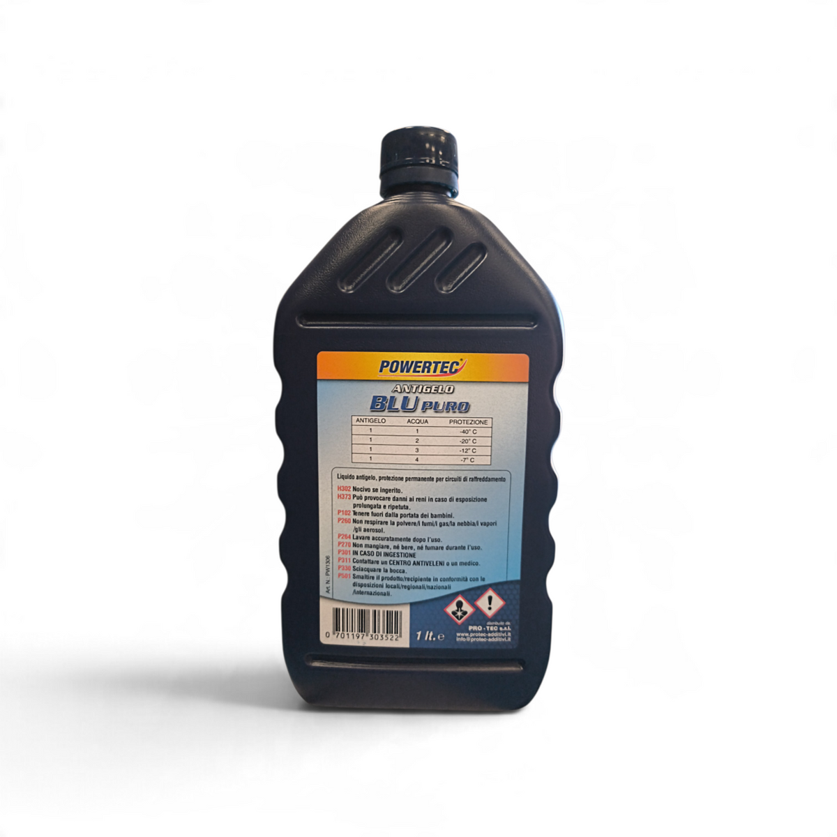Retro etichetta Powertec Antigelo Blu Puro tabella diluizioni protezione antigelo -40°C -20°C -12°C