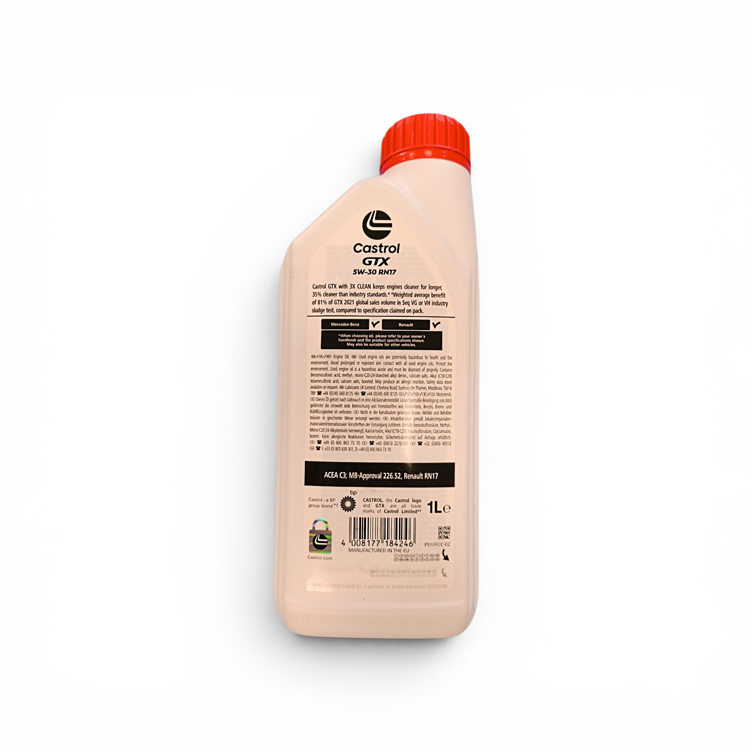 Castrol GTX 5W-30 RN17 dettaglio formula 3X Clean anti-morchie motori benzina diesel punto scorrimento -42°C