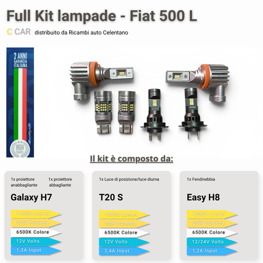 Kit LED completo 4in1 C CAR per Fiat 500L 2x Galaxy H7 11000 Lumen T20S H8
6500K bianco ghiaccio