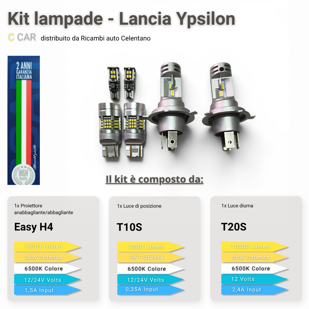 Kit LED C CAR 3in1 Lancia Ypsilon - Easy H4 T10S T20S DRL 10000 Lumen 6500K Bianco
Ghiaccio Canbus No Errore

