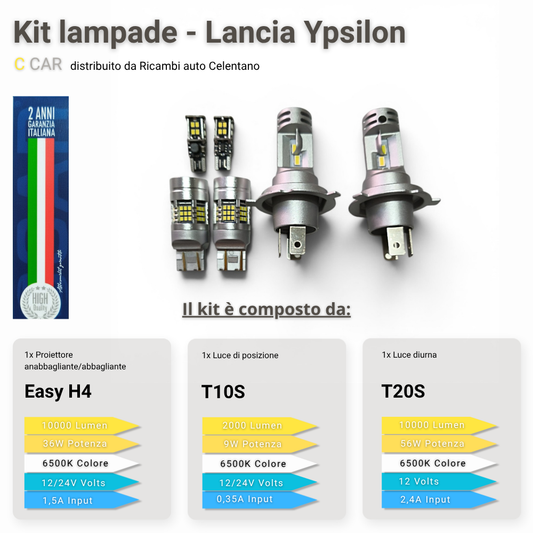 Kit LED C CAR 3in1 Lancia Ypsilon - Easy H4 T10S T20S DRL 10000 Lumen 6500K Bianco
Ghiaccio Canbus No Errore
