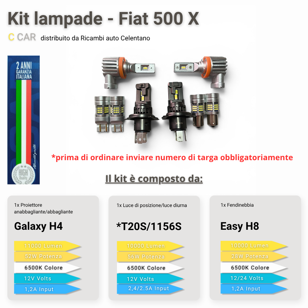 Kit LED 3in1 C CAR Fiat 500X Galaxy H4 anabbagliante abbagliante posizione DRL
fendinebbia H8 11000 lumen 6500K
