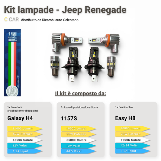 Kit LED Completo 3in1 Jeep Renegade Galaxy H4 11000LM + Posizione 1157S + Fendinebbia H8 - 6500K Bianco Ghiaccio - C CAR Premium