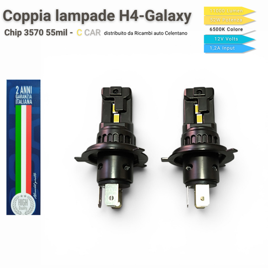 Coppia Lampade LED H4 Galaxy — 11000 Lumen 6500K Bianco Ghiaccio | CANbus - C CAR