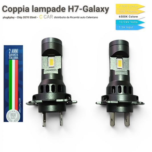 Lampade LED H7 Galaxy 11000 Lumen - 6500K Bianco Ghiaccio - CANbus - Coppia Auto - C CAR