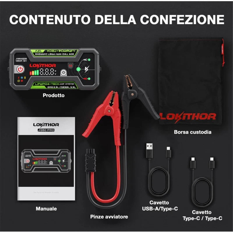 Lokithor J1350 PRO dettaglio pinze smart ConnectMax rilevamento impedenza avviatore LiFePO4 benzina 6.5L diesel 3.5L